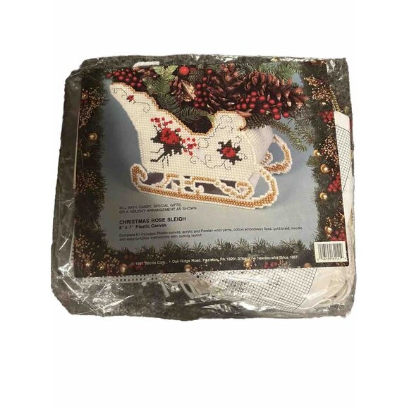 Bucilla-Christmas Rose Sleigh 8" x 7" Needlepoint Plastic Canvas Kit #61141 Read - Picture 1 of 4